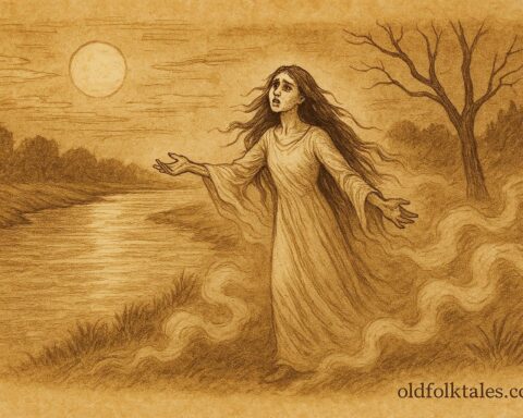Parchment-style artwork of La Llorona crying by a moonlit river, Mexican folktale scene.