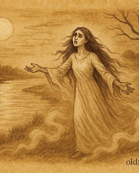 Parchment-style artwork of La Llorona crying by a moonlit river, Mexican folktale scene.