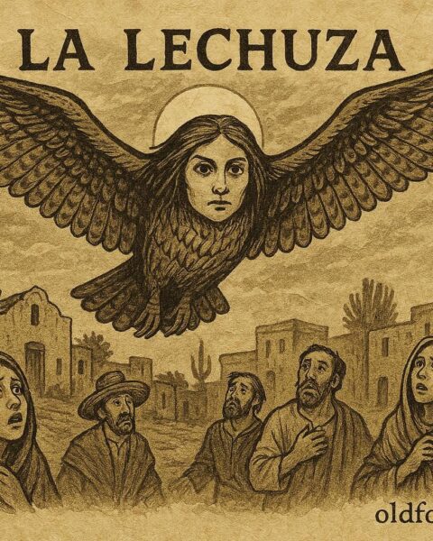 Parchment-style illustration of La Lechuza, owl-witch over a Mexican desert village at night.
