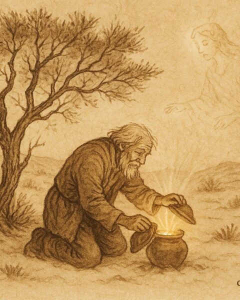 Parchment-style artwork of an old man finding treasure beneath a mesquite tree, Spanish Colonial New Mexican folktale scene.