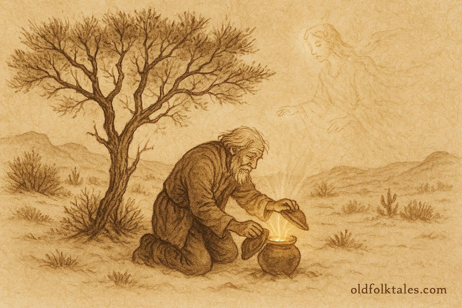 Parchment-style artwork of an old man finding treasure beneath a mesquite tree, Spanish Colonial New Mexican folktale scene.