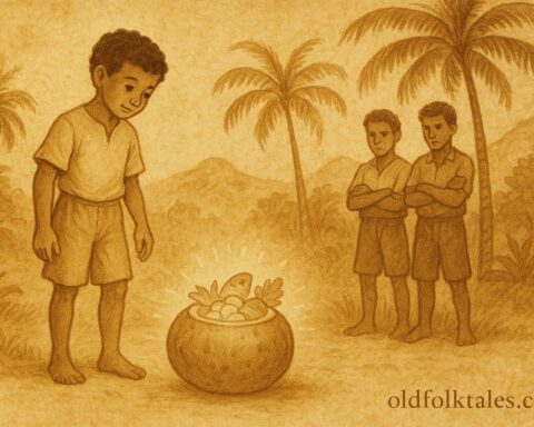 Parchment-style artwork of Ti Jean and his magic rolling calabash, Saint Lucian folktale scene.