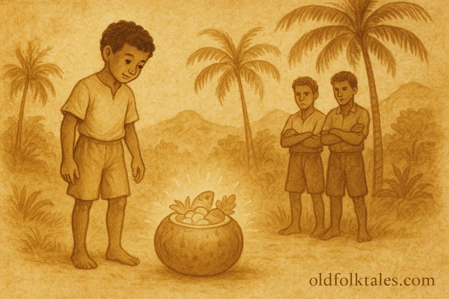 Parchment-style artwork of Ti Jean and his magic rolling calabash, Saint Lucian folktale scene.