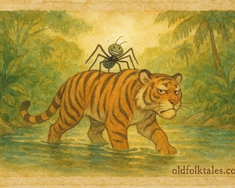 Parchment-style artwork of Anansi riding on Tiger’s back across a Jamaican river, classic folktale scene.