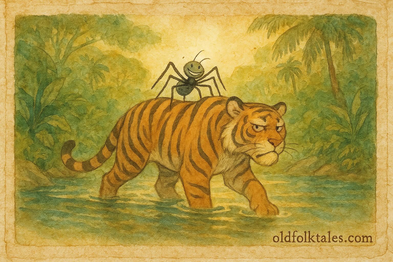 Parchment-style artwork of Anansi riding on Tiger’s back across a Jamaican river, classic folktale scene.