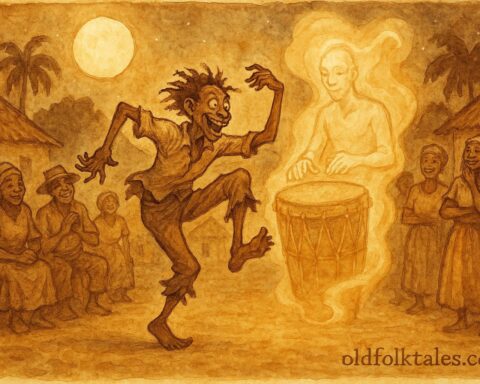 Parchment-style artwork of Malice dancing under moonlight before the Spirit Drum, Haitian folktale scene.