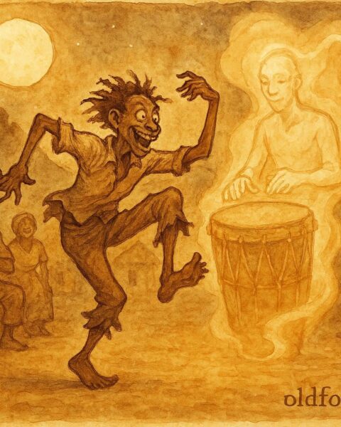 Parchment-style artwork of Malice dancing under moonlight before the Spirit Drum, Haitian folktale scene.