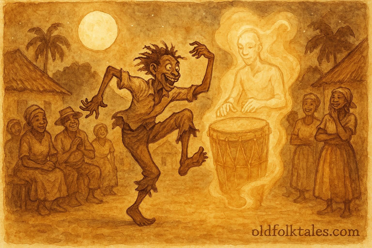 Parchment-style artwork of Malice dancing under moonlight before the Spirit Drum, Haitian folktale scene.