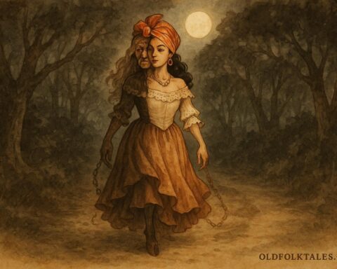 Parchment-style artwork of La Diablesse, Trinidad devil woman, luring traveler on forest path.