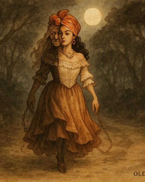 Parchment-style artwork of La Diablesse, Trinidad devil woman, luring traveler on forest path.