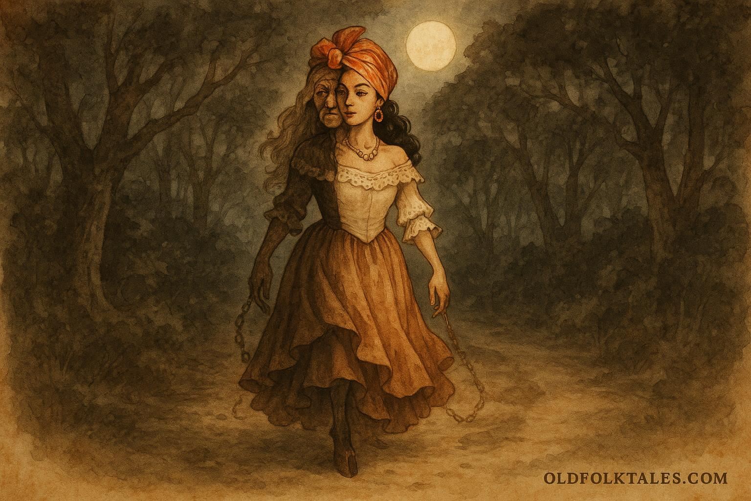 Parchment-style artwork of La Diablesse, Trinidad devil woman, luring traveler on forest path.