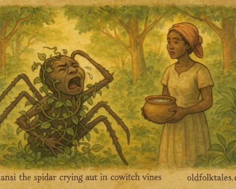 Parchment-style artwork of Anansi struggling with cowitch vines in a Jamaican forest, classic folktale scene.