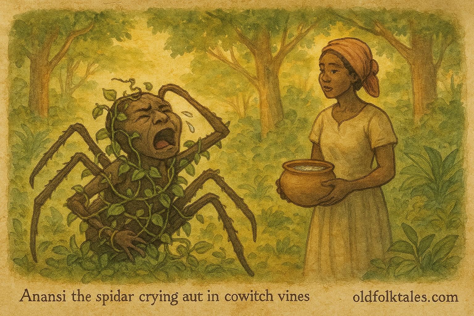 Parchment-style artwork of Anansi struggling with cowitch vines in a Jamaican forest, classic folktale scene.