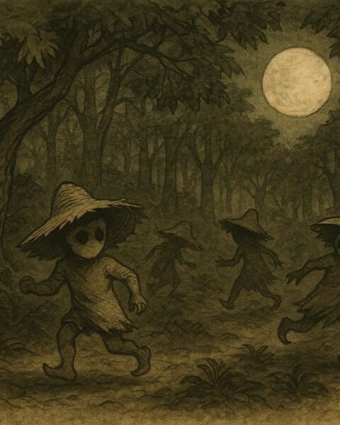 Parchment-style illustration of faceless Douen spirits in a Trinidad forest at twilight.