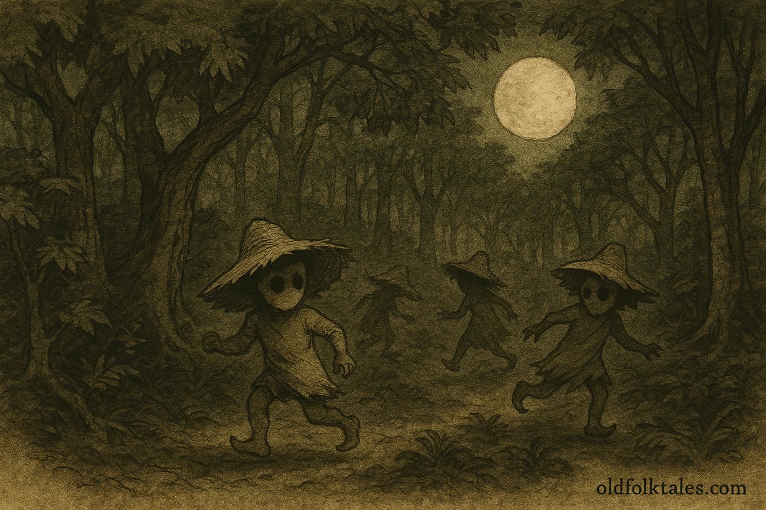 Parchment-style illustration of faceless Douen spirits in a Trinidad forest at twilight.