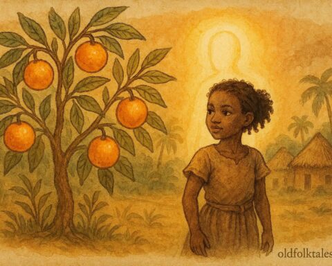 Parchment-style artwork of Ti Fi Zoranj and her magic orange tree, Haitian folktale scene.