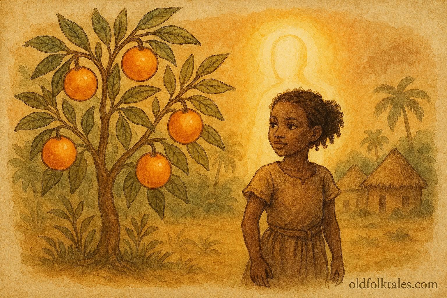 Parchment-style artwork of Ti Fi Zoranj and her magic orange tree, Haitian folktale scene.