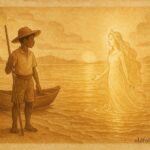 Parchment-style artwork of Jack meeting the sea princess in a Bahamian folktale scene.