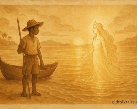 Parchment-style artwork of Jack meeting the sea princess in a Bahamian folktale scene.