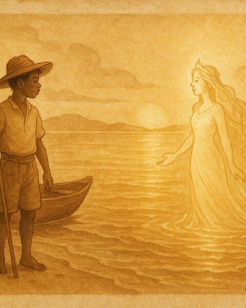 Parchment-style artwork of Jack meeting the sea princess in a Bahamian folktale scene.