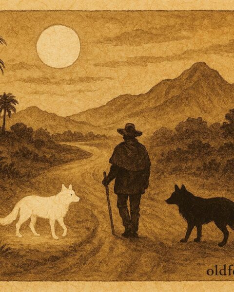 Parchment-style artwork of a traveler guarded by a white spirit dog while a black cadejo lurks behind, Central American folktale scene.