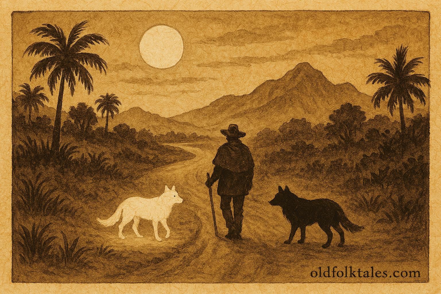 Parchment-style artwork of a traveler guarded by a white spirit dog while a black cadejo lurks behind, Central American folktale scene.