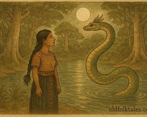 Parchment-style artwork of a Guatemalan woman by the river with a golden-green serpent, Q’eqchi’-Maya folktale scene.
