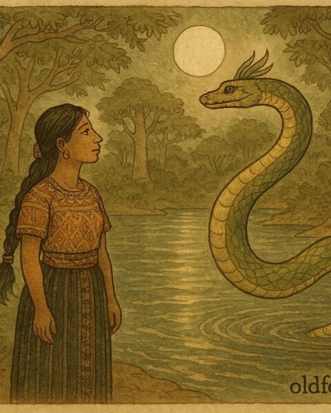 Parchment-style artwork of a Guatemalan woman by the river with a golden-green serpent, Q’eqchi’-Maya folktale scene.