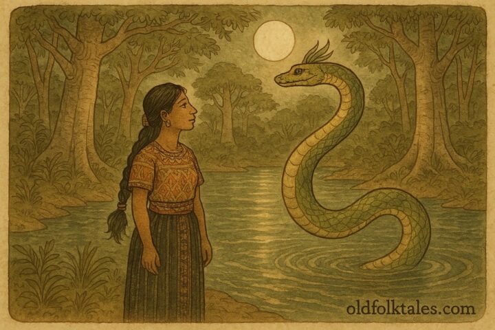 Parchment-style artwork of a Guatemalan woman by the river with a golden-green serpent, Q’eqchi’-Maya folktale scene.