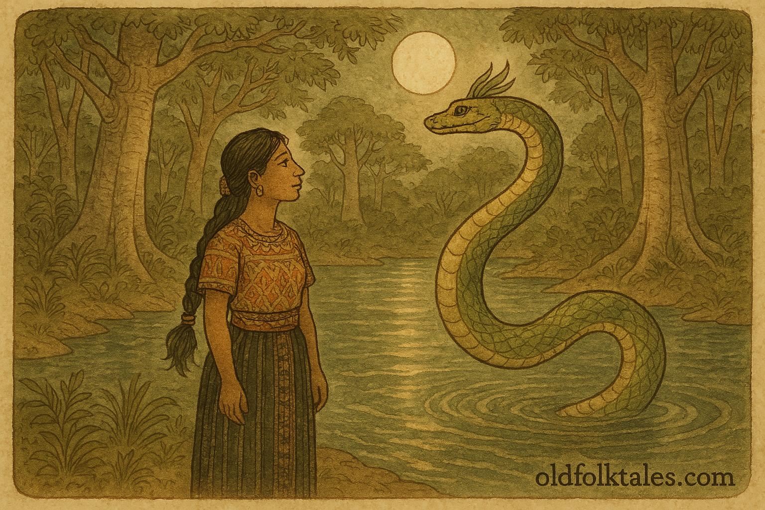 Parchment-style artwork of a Guatemalan woman by the river with a golden-green serpent, Q’eqchi’-Maya folktale scene.