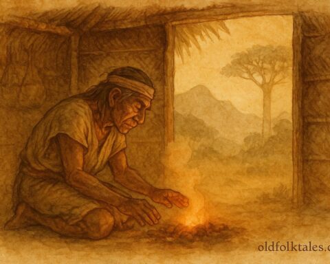 Parchment-style illustration of an old Mayan man tending a glowing ember in his hut, Guatemalan folklore scene.