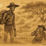 Parchment-style artwork of El Silbón walking the Venezuelan Llanos at night, carrying his father’s bones.