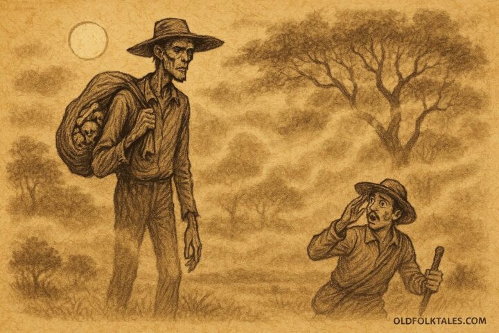 Parchment-style artwork of El Silbón walking the Venezuelan Llanos at night, carrying his father’s bones.