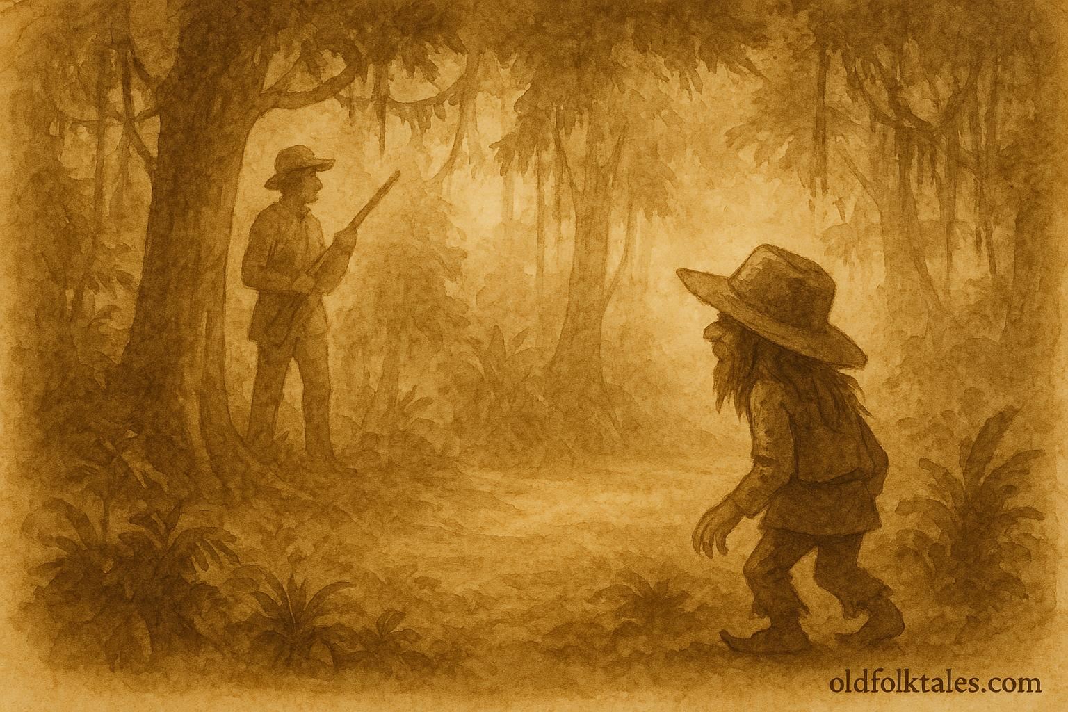 Parchment-style artwork of Tata Duende, a small forest spirit in Belize’s jungle, wearing a wide-brimmed hat.