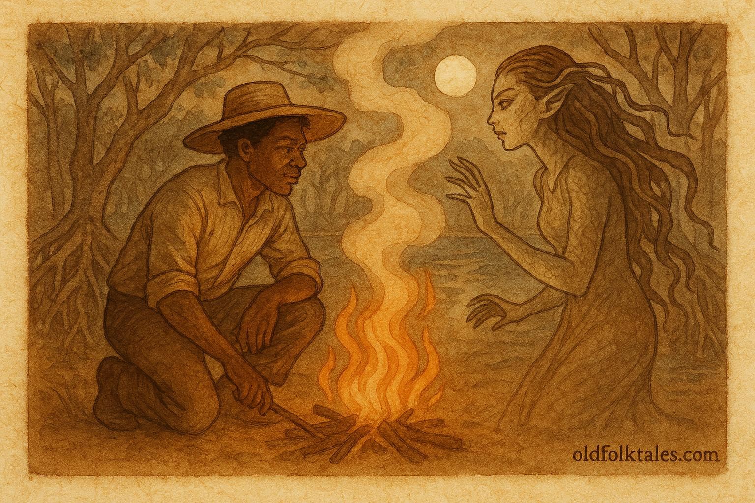 Parchment-style artwork of B’Lijah tricking the snake-woman by the swamp in a Bahamian folktale scene.