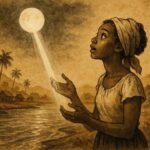 Parchment-style artwork of a Haitian woman meeting the Moon by a river, inspired by Haitian Vodou folklore.