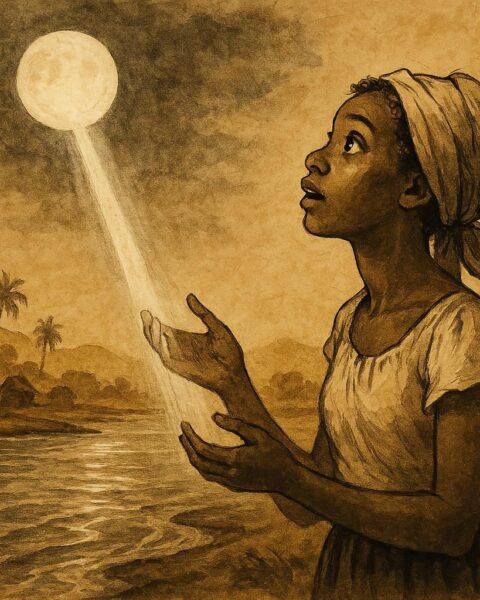 Parchment-style artwork of a Haitian woman meeting the Moon by a river, inspired by Haitian Vodou folklore.