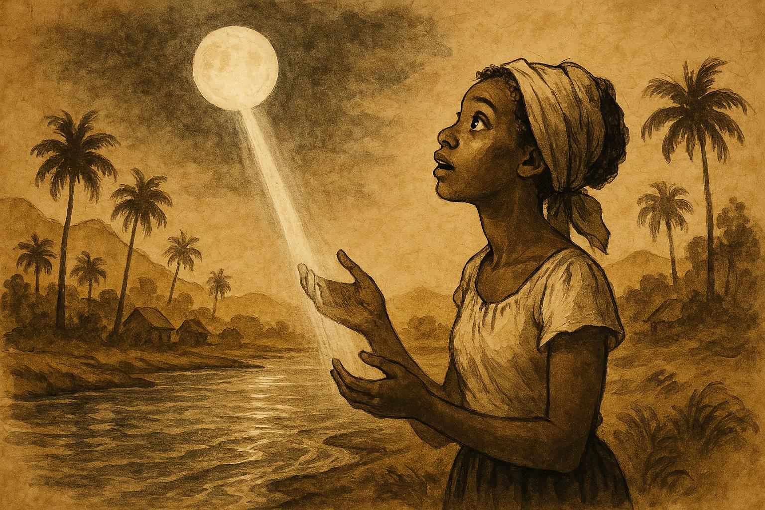 Parchment-style artwork of a Haitian woman meeting the Moon by a river, inspired by Haitian Vodou folklore.