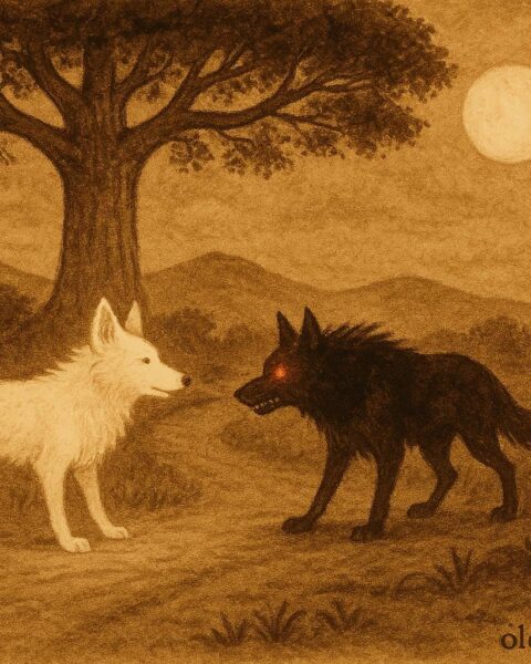 Parchment-style artwork of White and Black Cadejo under moonlight, Nicaraguan folktale scene.