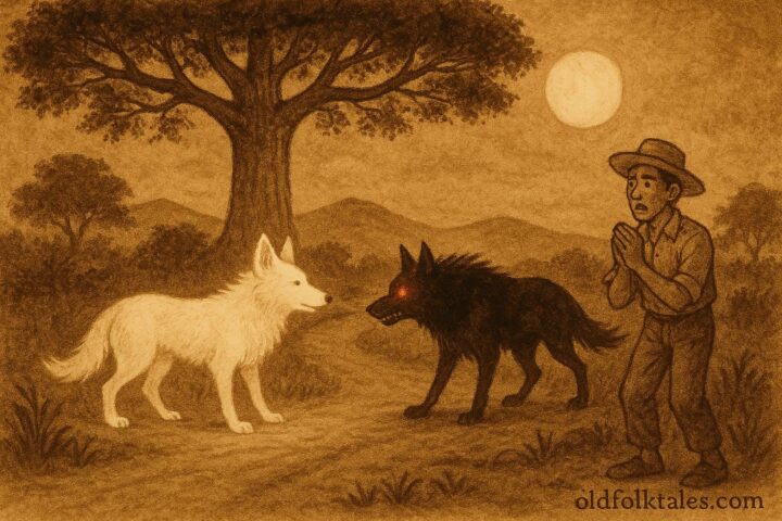 Parchment-style artwork of White and Black Cadejo under moonlight, Nicaraguan folktale scene.
