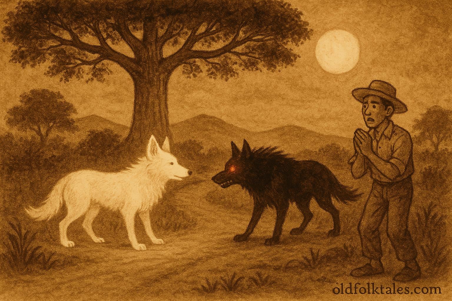 Parchment-style artwork of White and Black Cadejo under moonlight, Nicaraguan folktale scene.