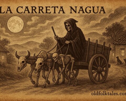 A style artwork of the ghostly Cart of Death on a moonlit Nicaraguan road.