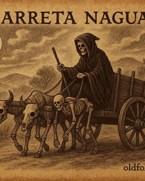 A style artwork of the ghostly Cart of Death on a moonlit Nicaraguan road.