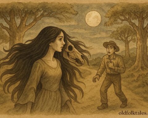 Parchment-style artwork of La Cegua revealing her horse skull face under moonlight, Nicaraguan folktale scene.