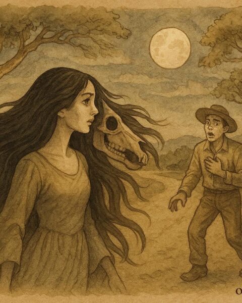 Parchment-style artwork of La Cegua revealing her horse skull face under moonlight, Nicaraguan folktale scene.