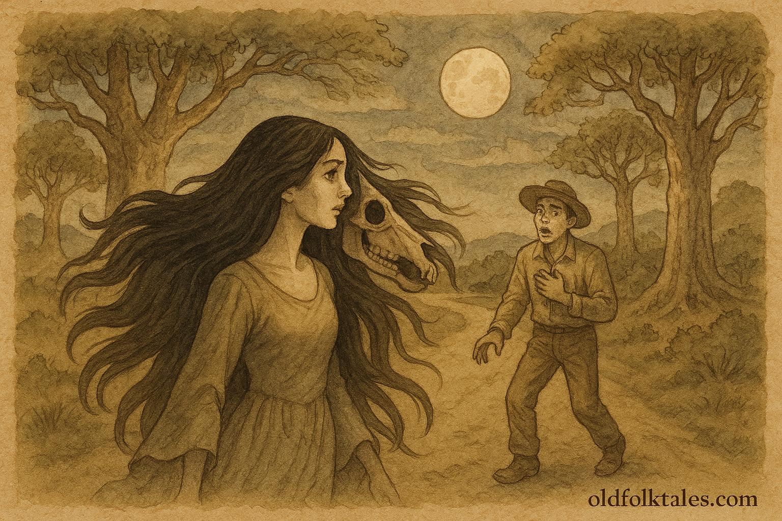 Parchment-style artwork of La Cegua revealing her horse skull face under moonlight, Nicaraguan folktale scene.