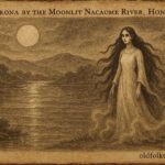 A style artwork of La Llorona in white by the moonlit Nacaome River, Honduran folktale scene.