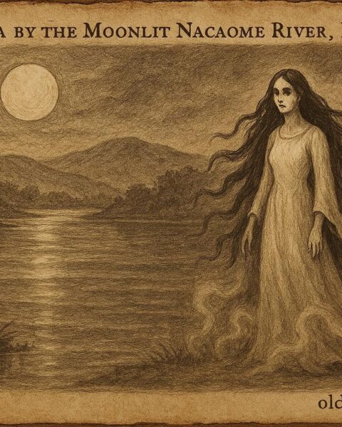 A style artwork of La Llorona in white by the moonlit Nacaome River, Honduran folktale scene.