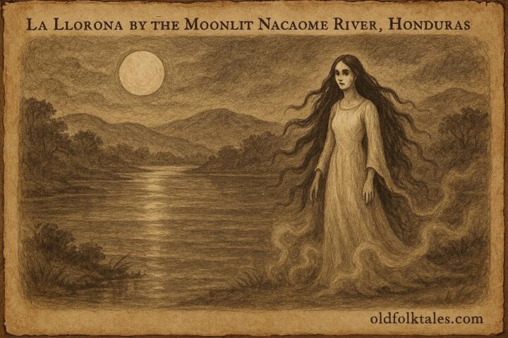 A style artwork of La Llorona in white by the moonlit Nacaome River, Honduran folktale scene.