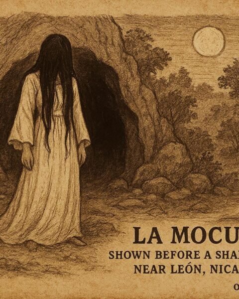 A style artwork of La Mocuana before a moonlit cave in León, Nicaraguan folktale scene.